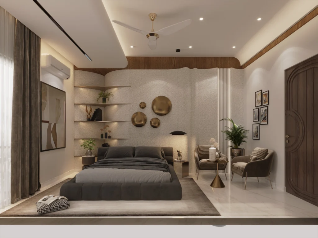 Contemporary master bedroom with textured accent wall, warm lighting, designer wall art and cozy seating designed by Amartya Architects | modern bedroom interior design India