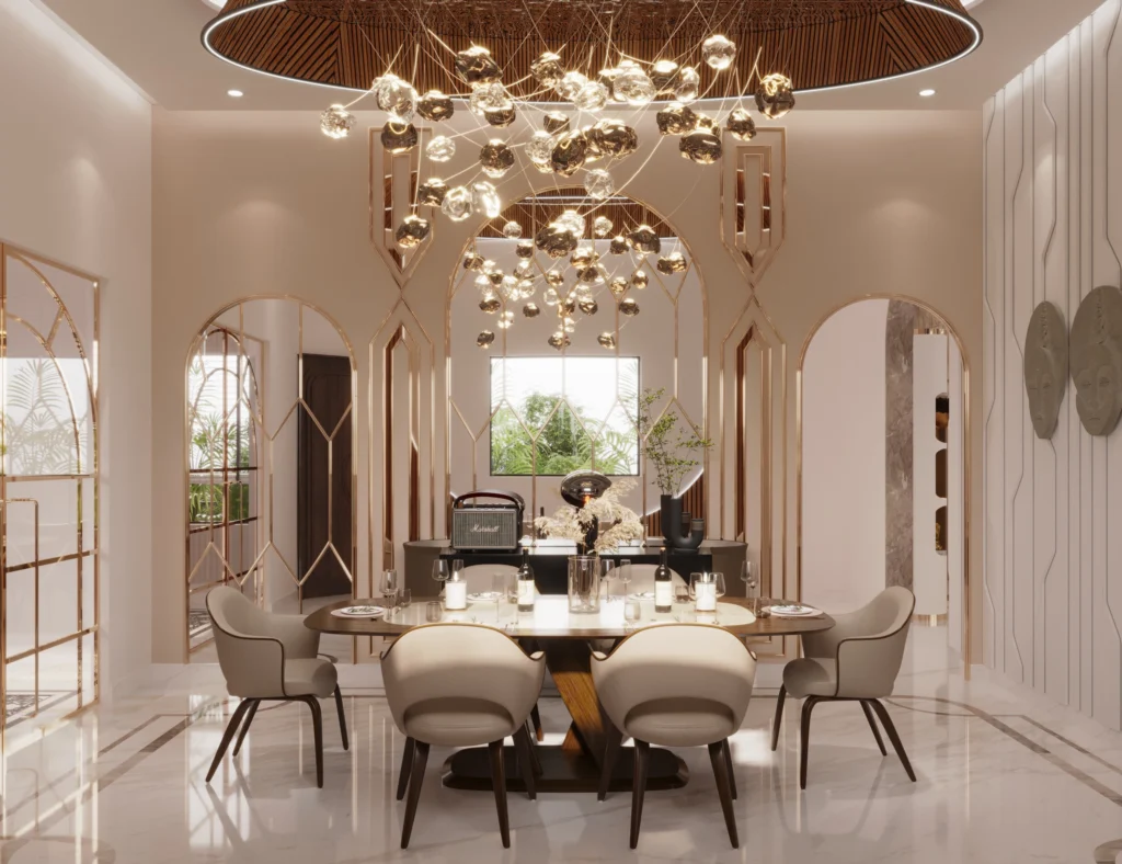 Elegant dining room interior with designer chandelier, arched partitions, marble flooring and luxury dining furniture by Amartya Architects | luxury dining room interior design