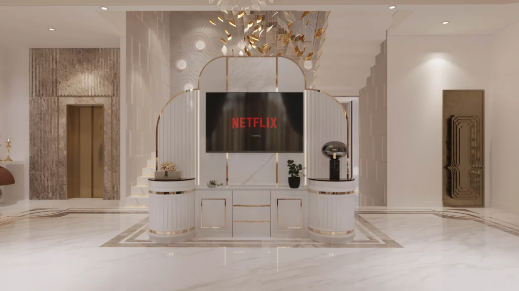 Luxury double-height living room interior with sculptural TV unit, marble flooring, decorative staircase and ambient lighting designed by Amartya Architects | luxury interior design Delhi