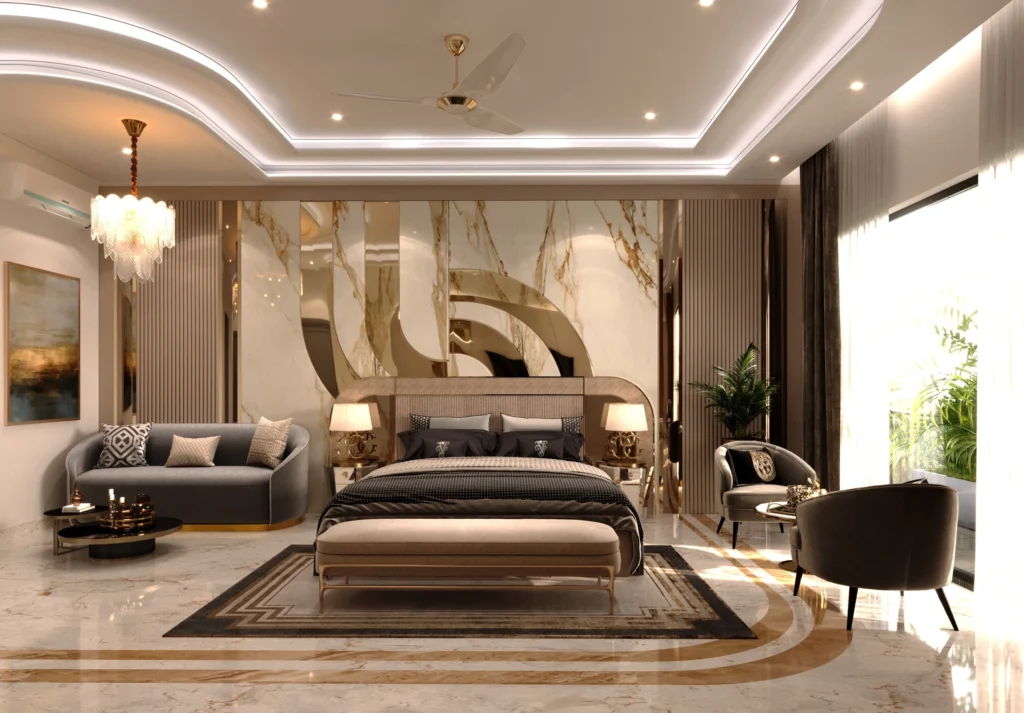 Luxury master bedroom interior with marble feature wall, upholstered bed, false ceiling lighting and premium finishes by Amartya Architects | high-end residential interior design