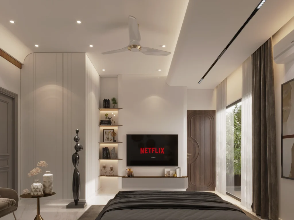 Luxury bedroom TV unit design with backlit marble wall, curved wooden shelving, floating console and warm ambient lighting