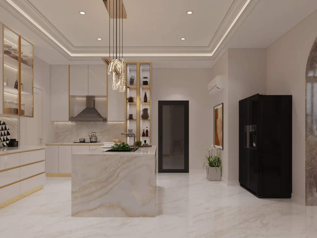Modern modular kitchen interior with marble island, gold accents, pendant lighting, built-in storage and premium finishes