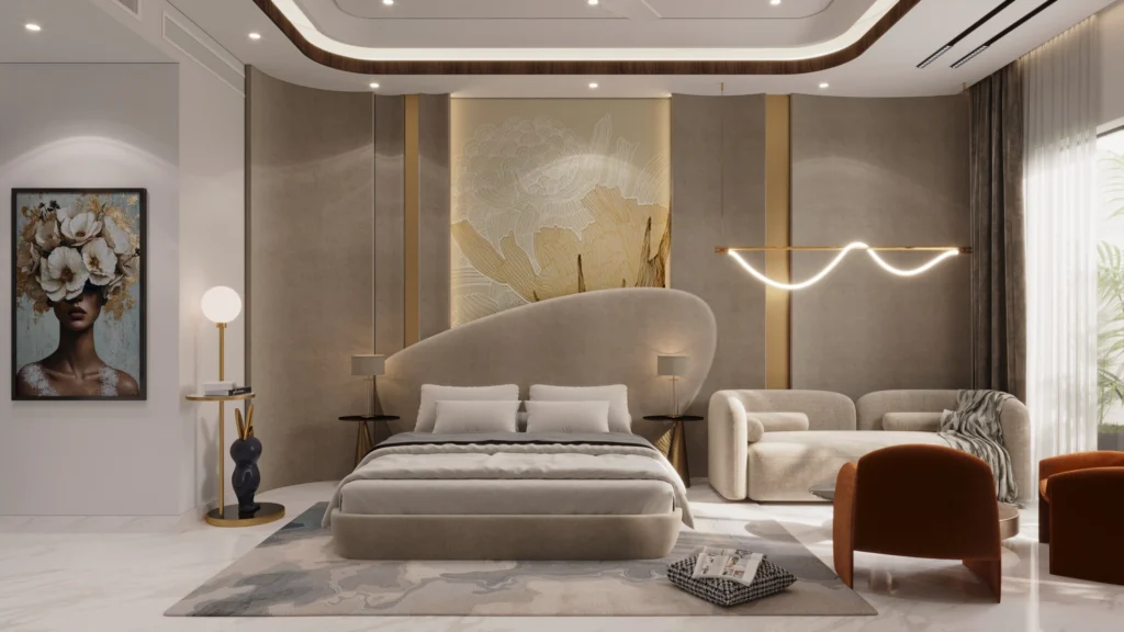 Contemporary master bedroom interior with upholstered bed, accent wall panels, designer lighting and elegant neutral color palette