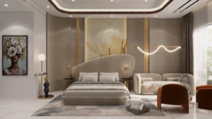 Contemporary master bedroom interior with upholstered bed, accent wall panels, designer lighting and elegant neutral color palette