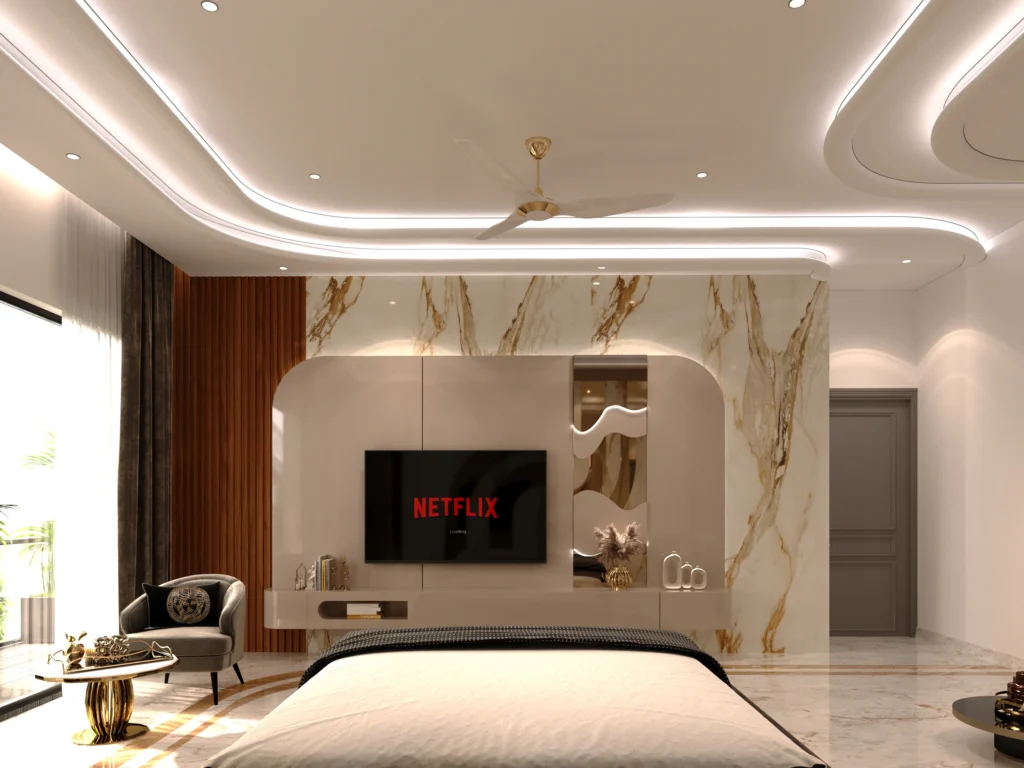 Modern bedroom TV wall design featuring marble cladding, curved ceiling lighting, minimal furniture and luxury interior styling