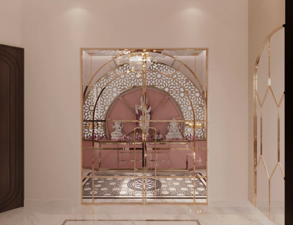 Designer pooja room with arched glass partition, CNC floral panel, soft lighting and elegant spiritual interior design