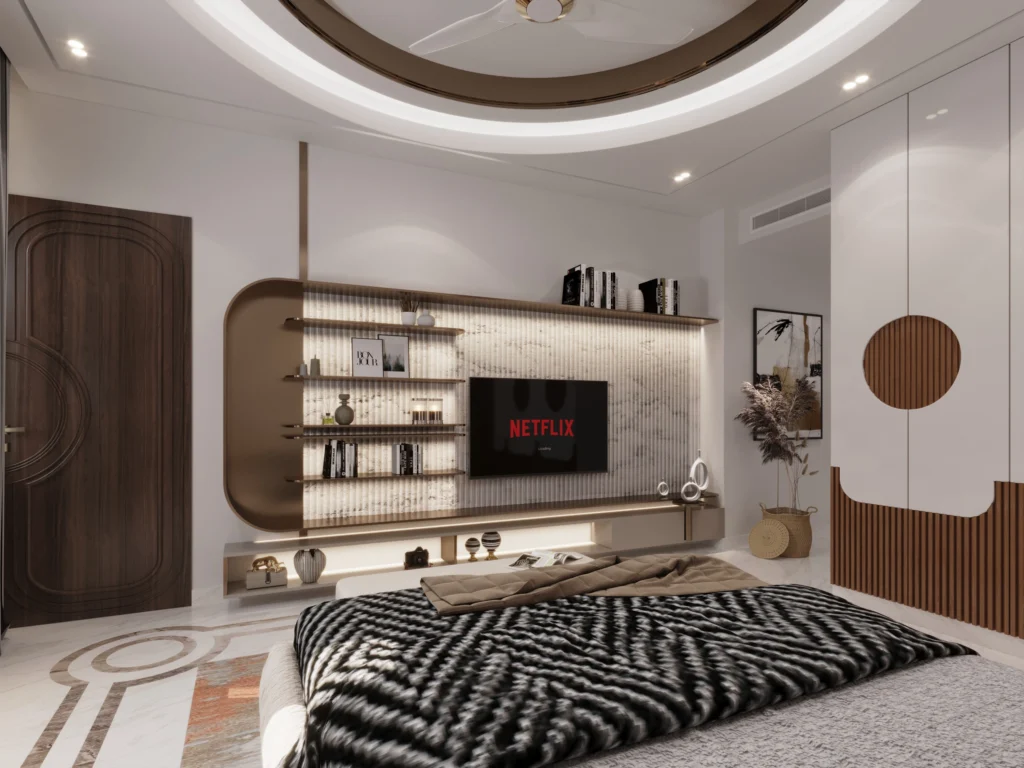 Modern master bedroom interior with custom TV unit, curved ceiling design, warm ambient lighting and premium minimalist décor