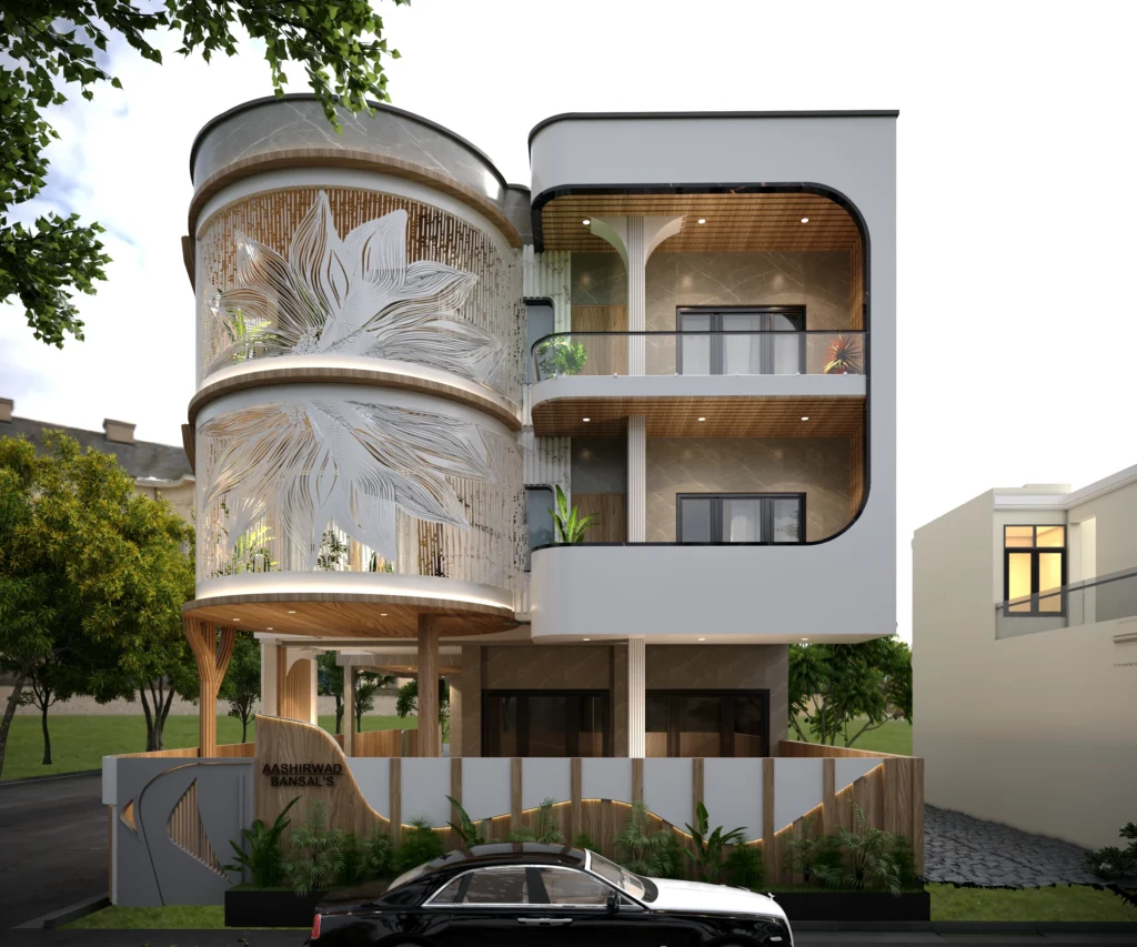 Modern luxury residence exterior with curved balconies, CNC decorative façade, glass railings, wooden accents and landscaped boundary wall
