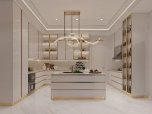 Modern modular kitchen with marble island, gold trims, glass display cabinets, designer pendant light and premium white interior finishes