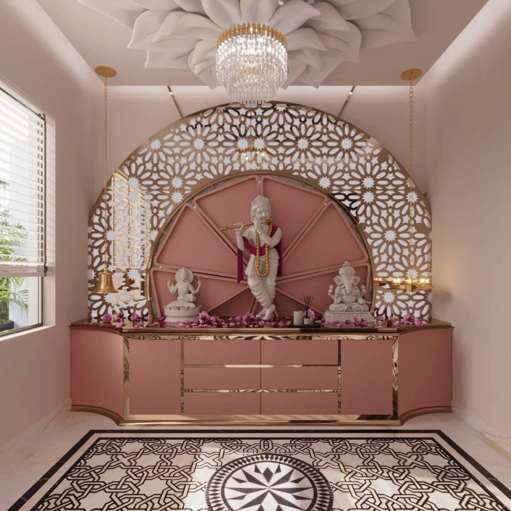 Luxury pooja room interior with Krishna idol, CNC jaali backdrop, pink accent cabinetry, chandelier lighting and traditional marble flooring