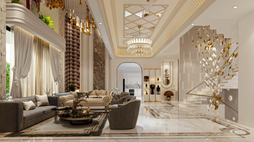 Grand luxury living room interior featuring statement chandelier, decorative staircase, marble flooring and elegant contemporary seating