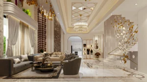 Grand luxury living room interior featuring statement chandelier, decorative staircase, marble flooring and elegant contemporary seating