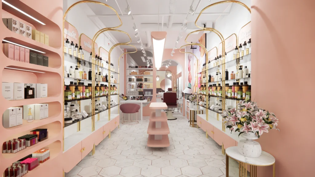 Modern beauty salon and retail interior with premium product displays, arched shelving, soft lighting and elegant finishes, created by commercial interior architects near me and interior design companies near me specialising in showroom and salon interiors.