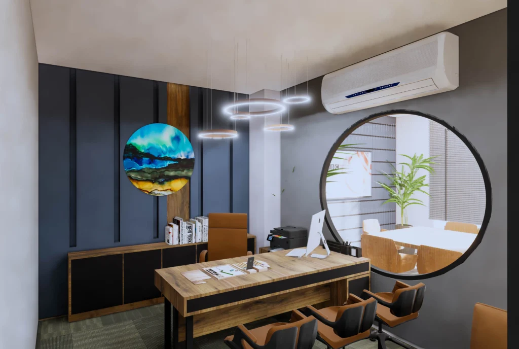 Modern executive office cabin with wooden desk, circular glass window, pendant lights and seating, designed by office interior designers near me in Delhi NCR.