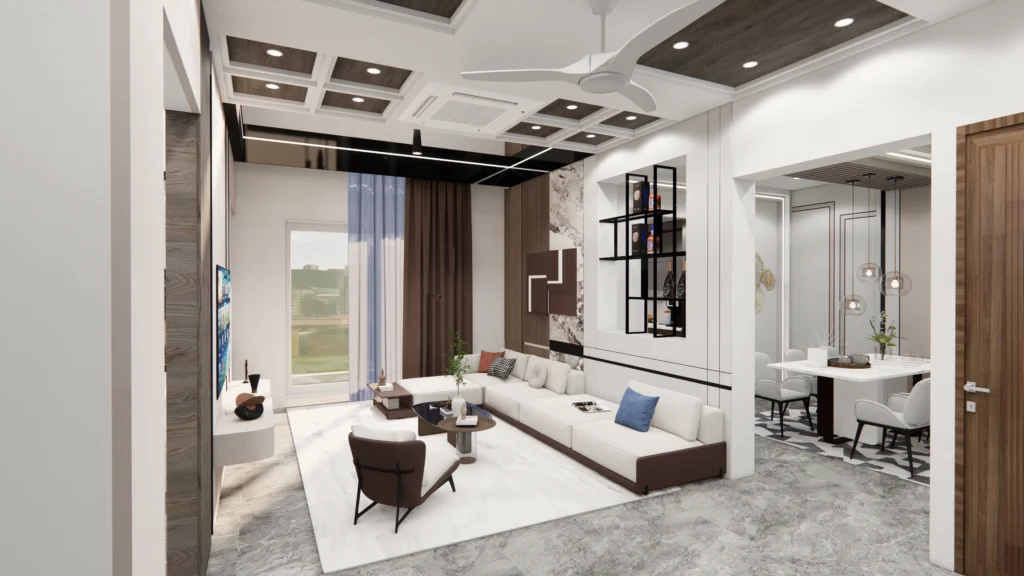 Modern living room interior design with L-shaped sofa, false ceiling lighting, marble flooring, and open dining area designed by Amartya Architects | interior design near me | best residential architects