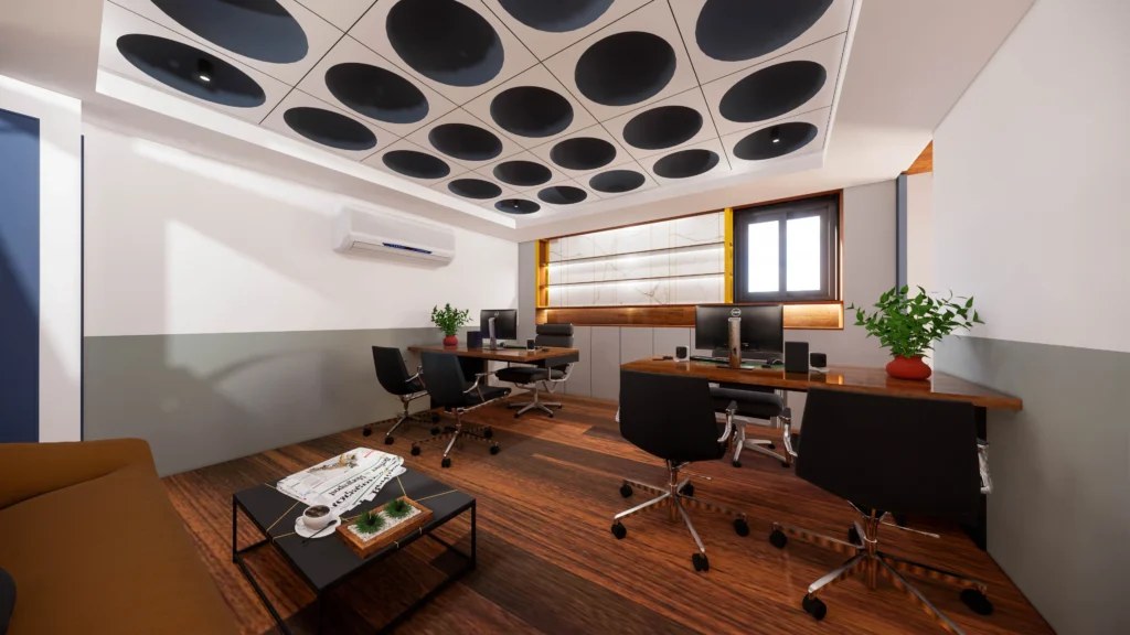 Open-plan office interior design with modular workstations, acoustic ceiling panels, and indoor plants in Delhi NCR.