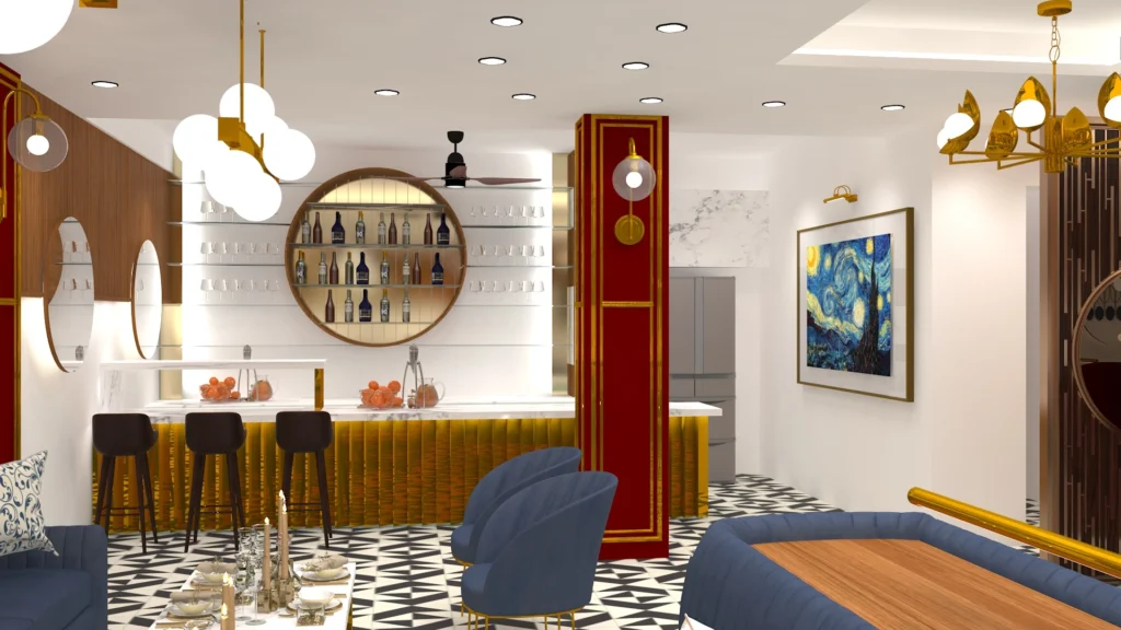 Luxury residential banquet lounge with bar counter designed by architecture and interior design firm, modern interior designers near me Delhi NCR