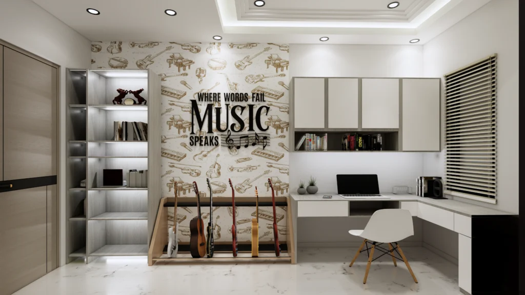 Home office and studio interior design by interior designer near me in Delhi with custom workstation and storage solutions