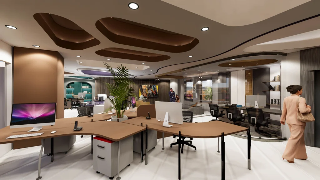 Open workspace office interior featuring designer workstations, layered false ceiling and modern lighting planned by Amartya Architects for a contemporary office.