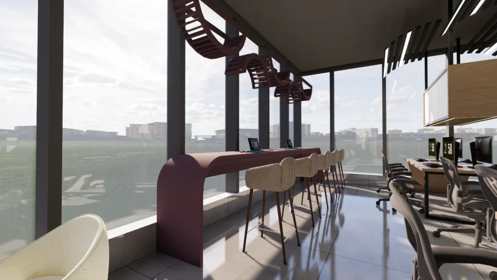 Contemporary office breakout and work zone with high tables, bar seating, large windows and city views designed by Amartya Architects for modern offices.