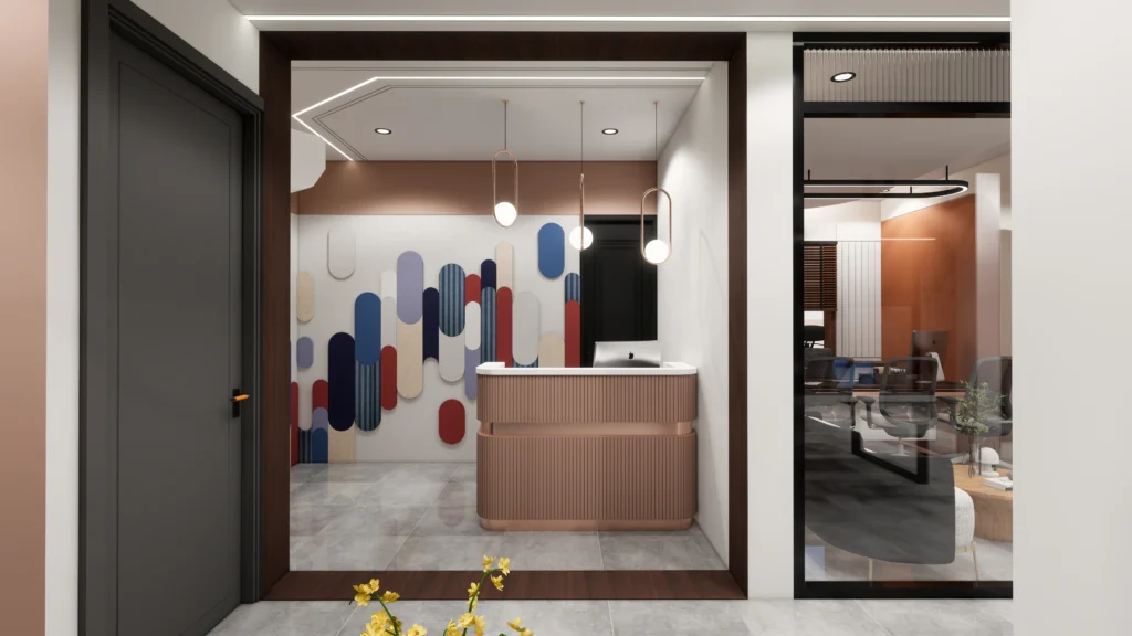 Modern office reception interior with designer counter, pendant lighting and custom wall art, planned by interior designers near me and architecture and interior design firm specialising in commercial interiors.
