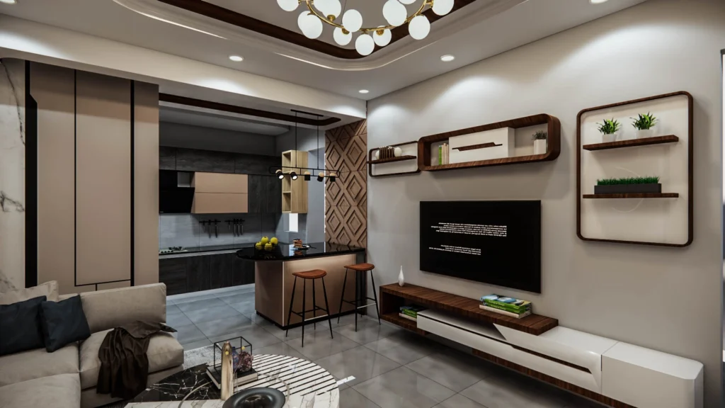 Modern living room interior design by Amartya Architects with open kitchen layout, TV unit, wooden shelves, bar counter seating and contemporary best interior designers