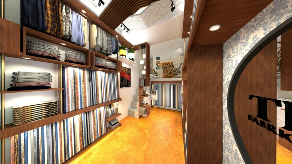 Luxury fabric showroom interior with wooden shelving, folded textile displays, vertical fabric panels, warm lighting and premium retail layout