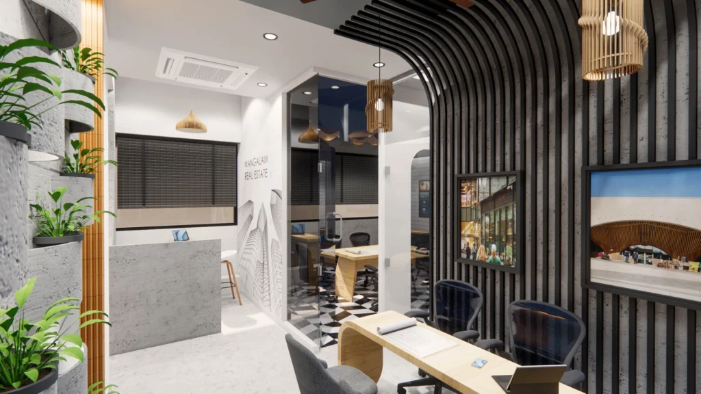 Modern commercial office interior with curved wooden ceiling, vertical slat wall, indoor plants and meeting area designed by Amartya Architects in Delhi NCR. | office architecture design