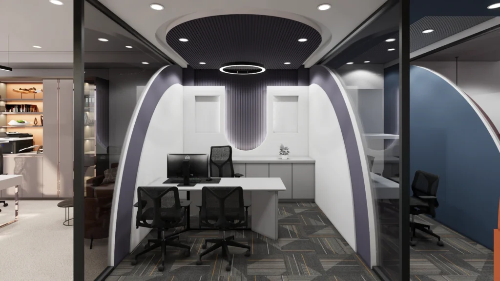 Modern private office cabin with curved partition walls, ergonomic workstations and contemporary ceiling lighting designed by Amartya Architects for a premium corporate workspace