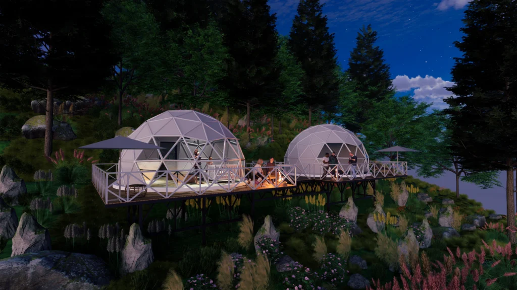 Night view of geodesic dome glamping units with outdoor deck, fire pit and forest landscape, showcasing hospitality architecture by commercial architects near me, landscape architects near me and architectural design company specialising in eco resort and experiential tourism projects.