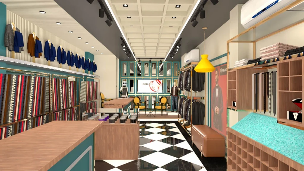 Luxury garment showroom interior design featuring jacket displays, fabric shelves, and bespoke retail layout