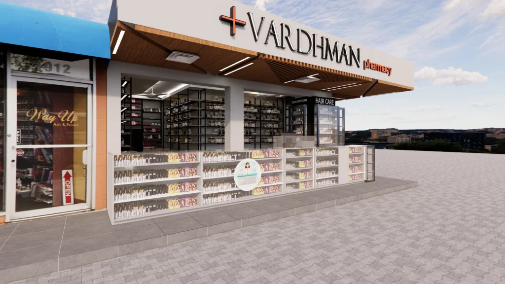 Vardhman pharmacy storefront exterior featuring branded signage, glass counters, hair care display zone and modern retail architecture