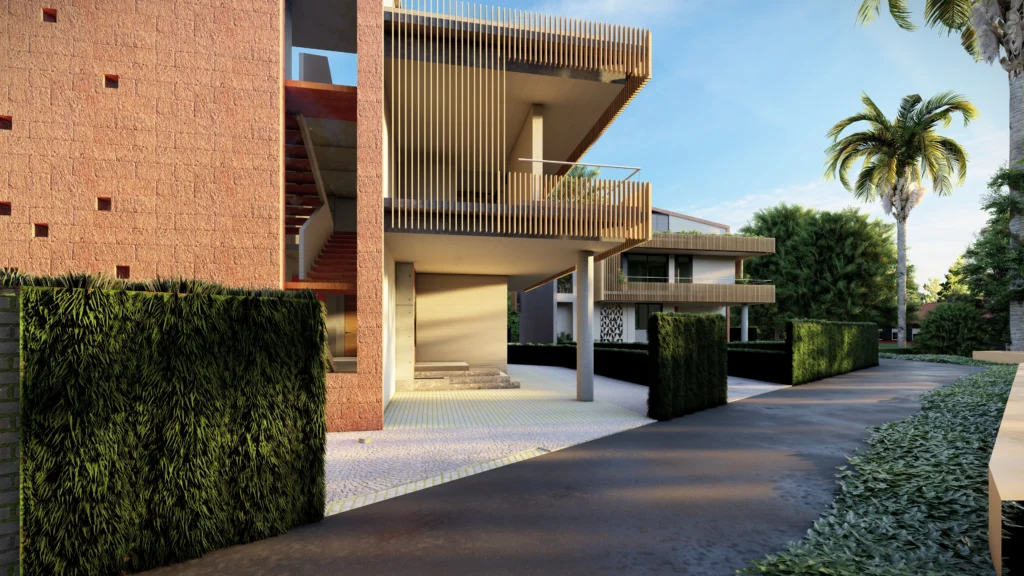 Contemporary residential complex with stilt parking, balconies and green landscaping, designed by residential home architects near me and architecture firms providing planning architect services.