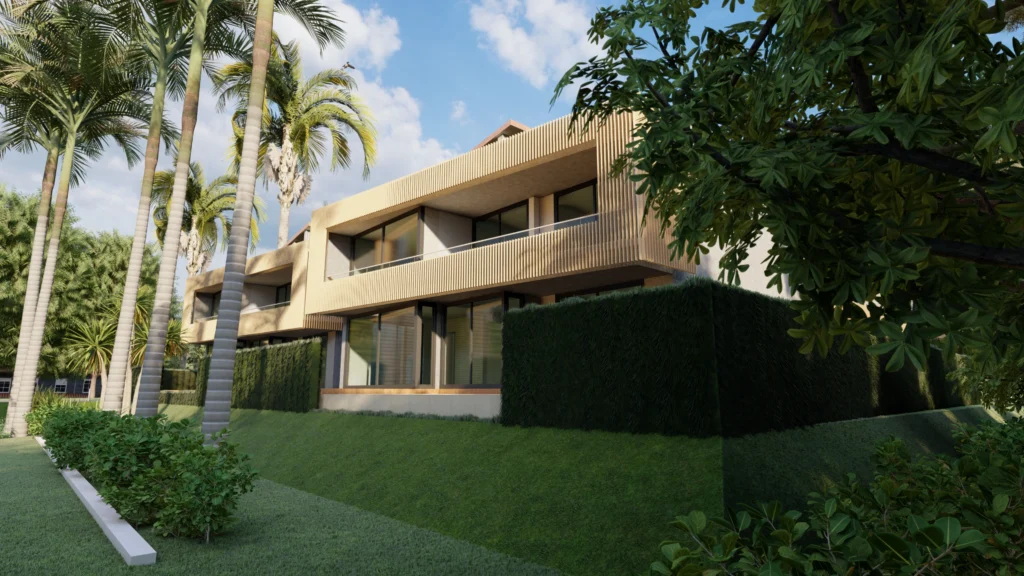 Luxury residential architecture with tropical landscape design, palm-lined garden and modern elevation, created by residential architects near me and landscape architects near me for premium home design.