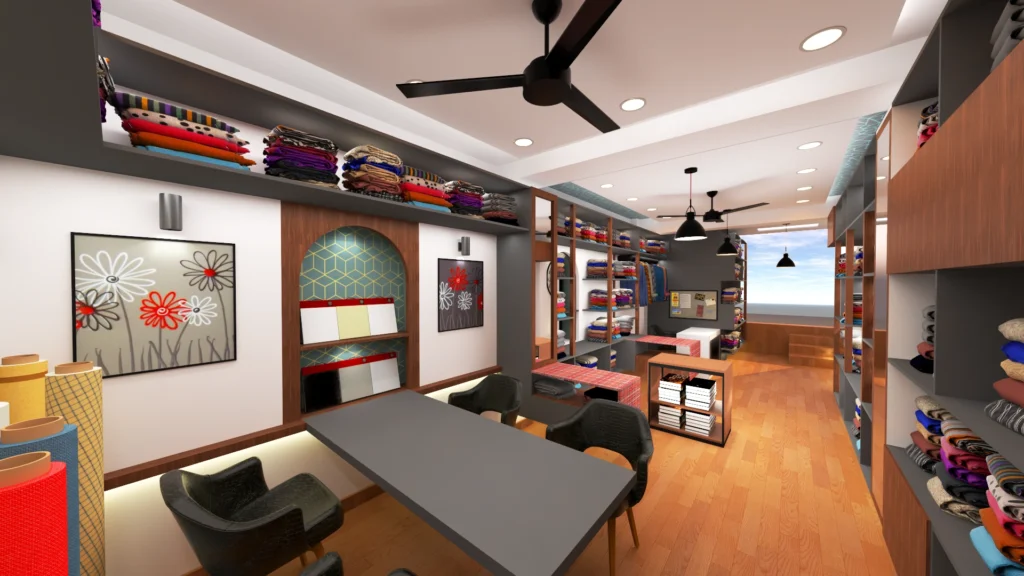 Contemporary fabric showroom with customer seating zone, display tables, wall art, layered lighting and organized textile storage