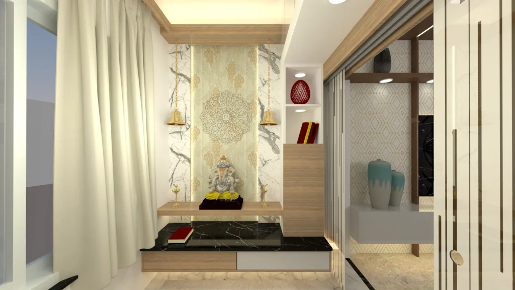 Elegant home mandir with marble backdrop, wooden finishes and soft lighting, designed by Amartya Architects for peaceful and vastu-inspired interiors