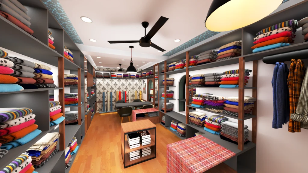 Modern textile shop interior with fabric racks, open shelves, wooden flooring, ceiling fan and central display furniture