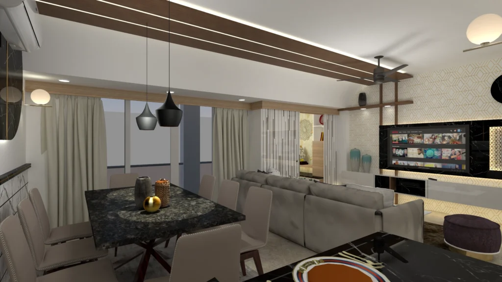 Modern open-plan living and dining interior with false ceiling, pendant lights and sofa layout, designed by Amartya Architects showcasing elegant apartment interiors