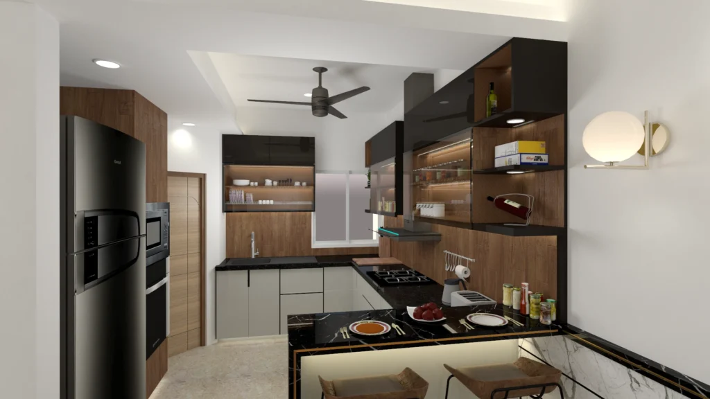 Modern modular kitchen with black marble island, wood finish cabinets and smart lighting, designed by Amartya Architects showcasing premium apartment interior design.