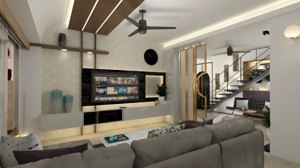 Contemporary living room with designer TV unit, geometric wallpaper, staircase view and ambient lighting by Amartya Architects for luxury home interiors.