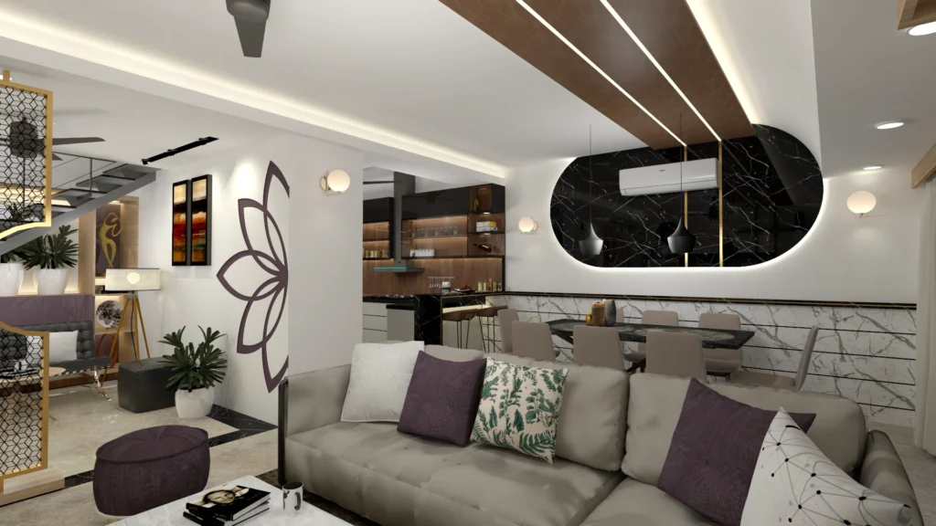Open plan living and dining area with modern sofa, false ceiling, pendant lights and marble finishes designed by Amartya Architects for elegant homes.