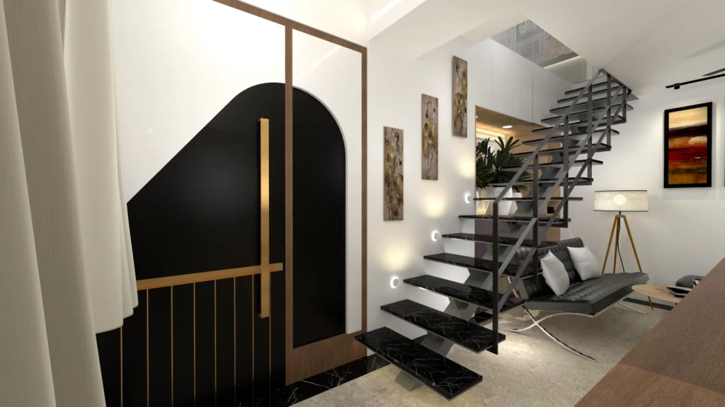 Stylish staircase lobby with floating steps, accent wall, glass railing and designer lighting by Amartya Architects in modern apartment interior.
