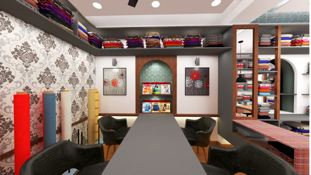Fabric showroom consultation area with display rolls, patterned wallpaper, seating table and integrated storage shelves