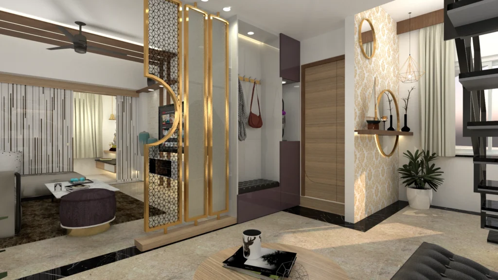 Modern duplex living room with decorative partition, staircase and seating area, designed by Amartya Architects showcasing elegant interior planning and spatial zoning