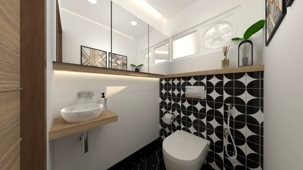 Contemporary powder room with patterned wall tiles, floating washbasin and compact layout, designed by Amartya Architects for stylish residential interiors