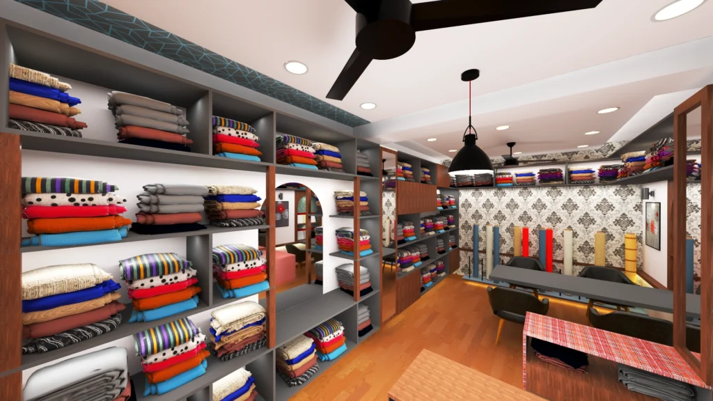 Textile store interior design featuring wall-mounted shelves, colorful fabric stacks, wooden finishes and contemporary lighting layout