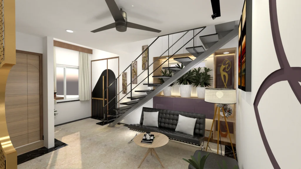 Minimal modern lounge area with staircase design, accent lighting and indoor plants, designed by Amartya Architects highlighting refined interior aesthetics