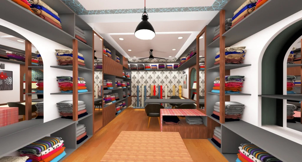 Modern fabric showroom interior with open shelving, folded textiles display, wooden flooring, pendant lights and customer seating area