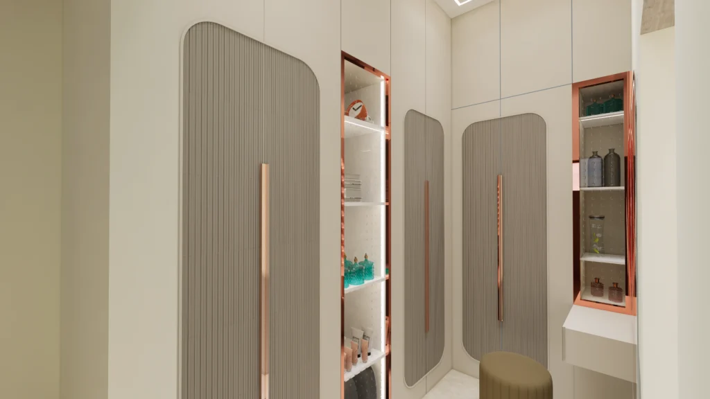 Luxury bedroom vanity interior designed by an architecture and interior design firm with modern finishes and custom furniture