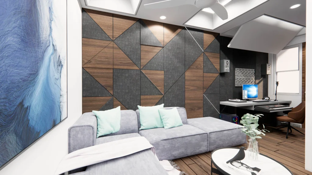 Contemporary lounge interior with geometric wooden wall panel, fabric sofa, acoustic wall design, and compact home workspace | interior design firms near me